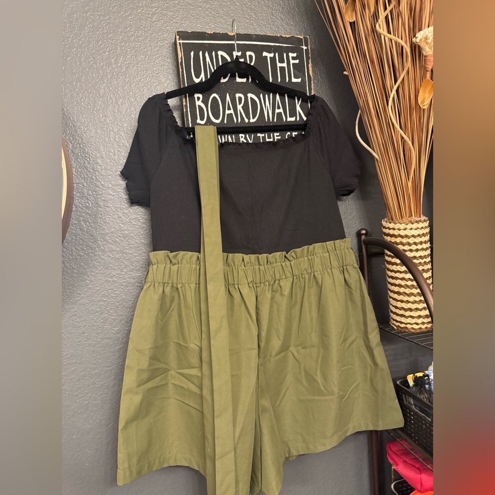 Black Ribbed Top with Olive Green Shorts Romper with Tie! 3XL
